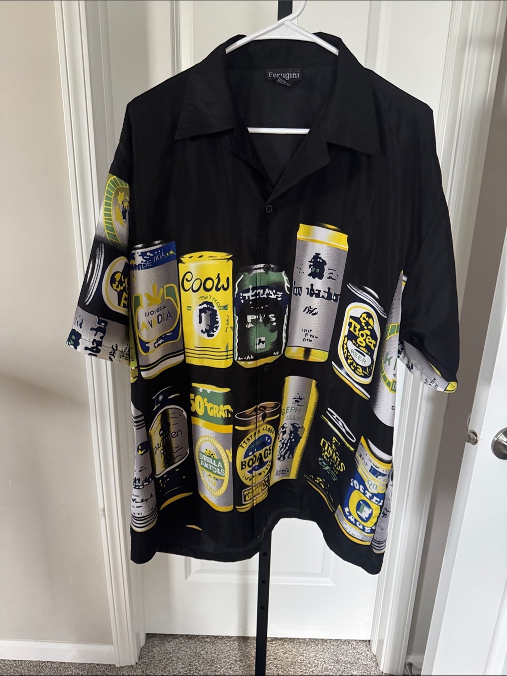 Black Short-Sleeve Button-Down Beer Can Print Shirt